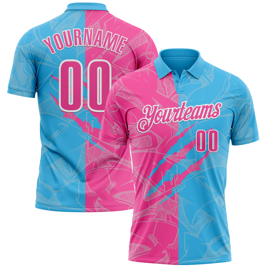 Custom Graffiti Pattern Pink Sky Blue-White 3D Scratch Performance Polo Shirt
