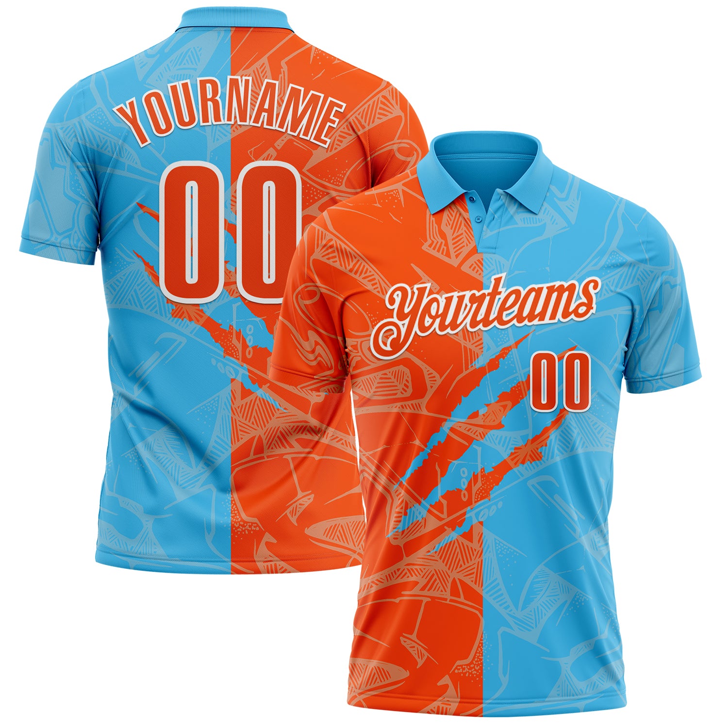 Custom Graffiti Pattern Orange Sky Blue-White 3D Scratch Performance Polo Shirt