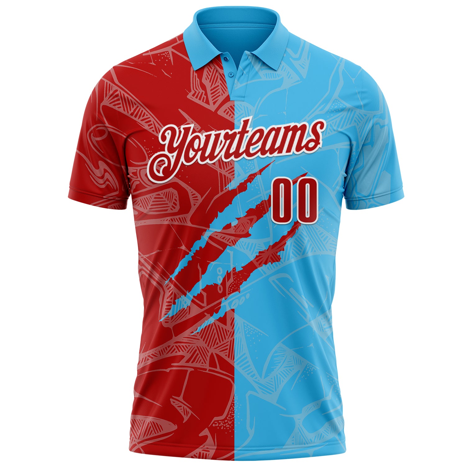 Custom Graffiti Pattern Red Sky Blue-White 3D Scratch Performance Polo Shirt