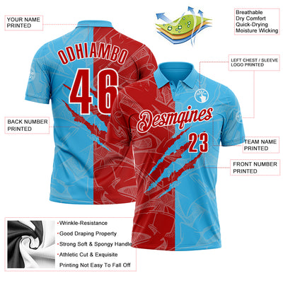 Custom Graffiti Pattern Red Sky Blue-White 3D Scratch Performance Polo Shirt