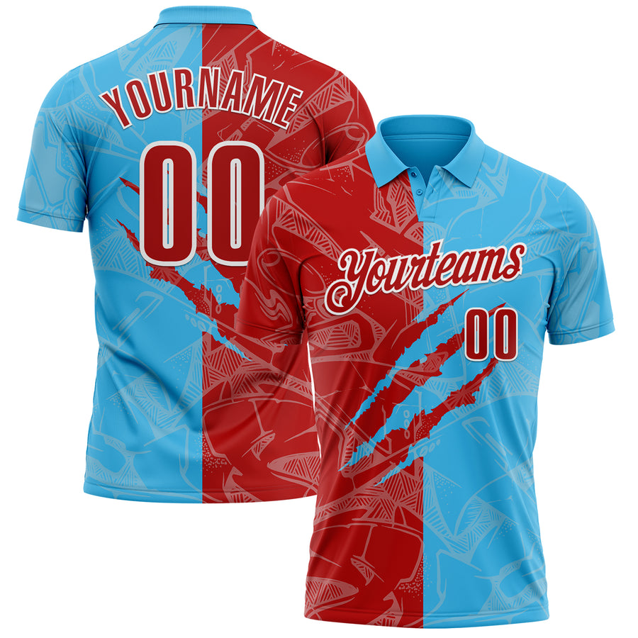 Custom Graffiti Pattern Red Sky Blue-White 3D Scratch Performance Polo Shirt