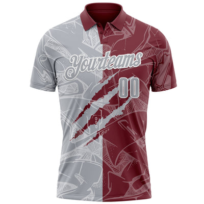 Custom Graffiti Pattern Gray Burgundy-White 3D Scratch Performance Polo Shirt