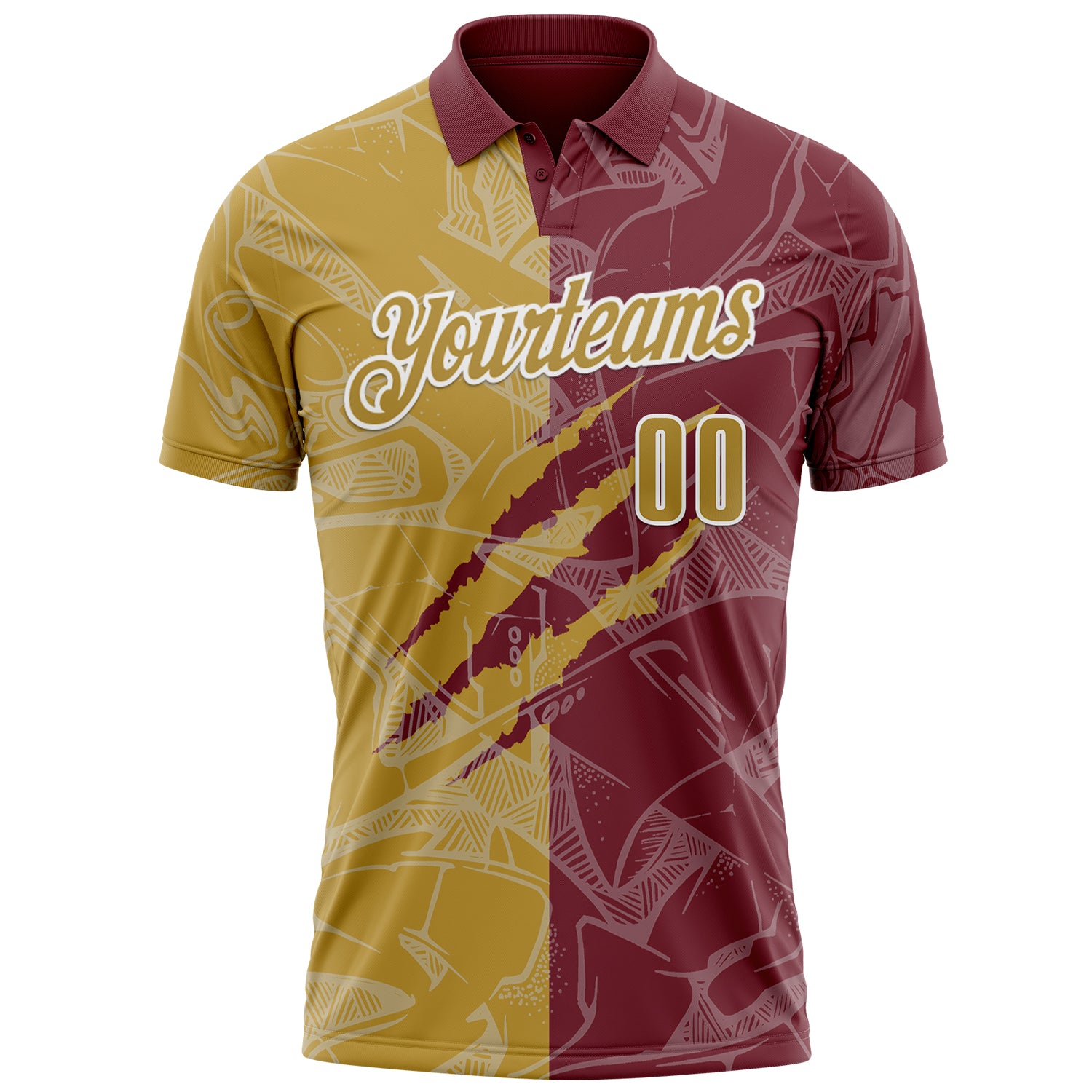 Custom Graffiti Pattern Old Gold Burgundy-White 3D Scratch Performance Polo Shirt