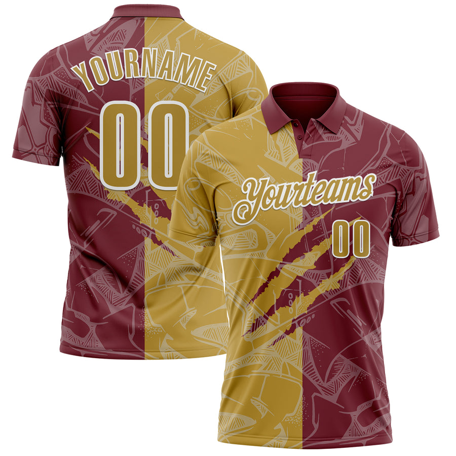 Custom Graffiti Pattern Old Gold Burgundy-White 3D Scratch Performance Polo Shirt