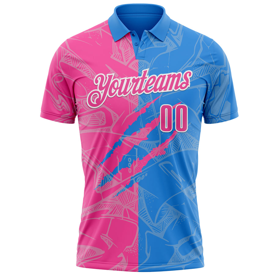 Custom Graffiti Pattern Pink Powder Blue-White 3D Scratch Performance Polo Shirt