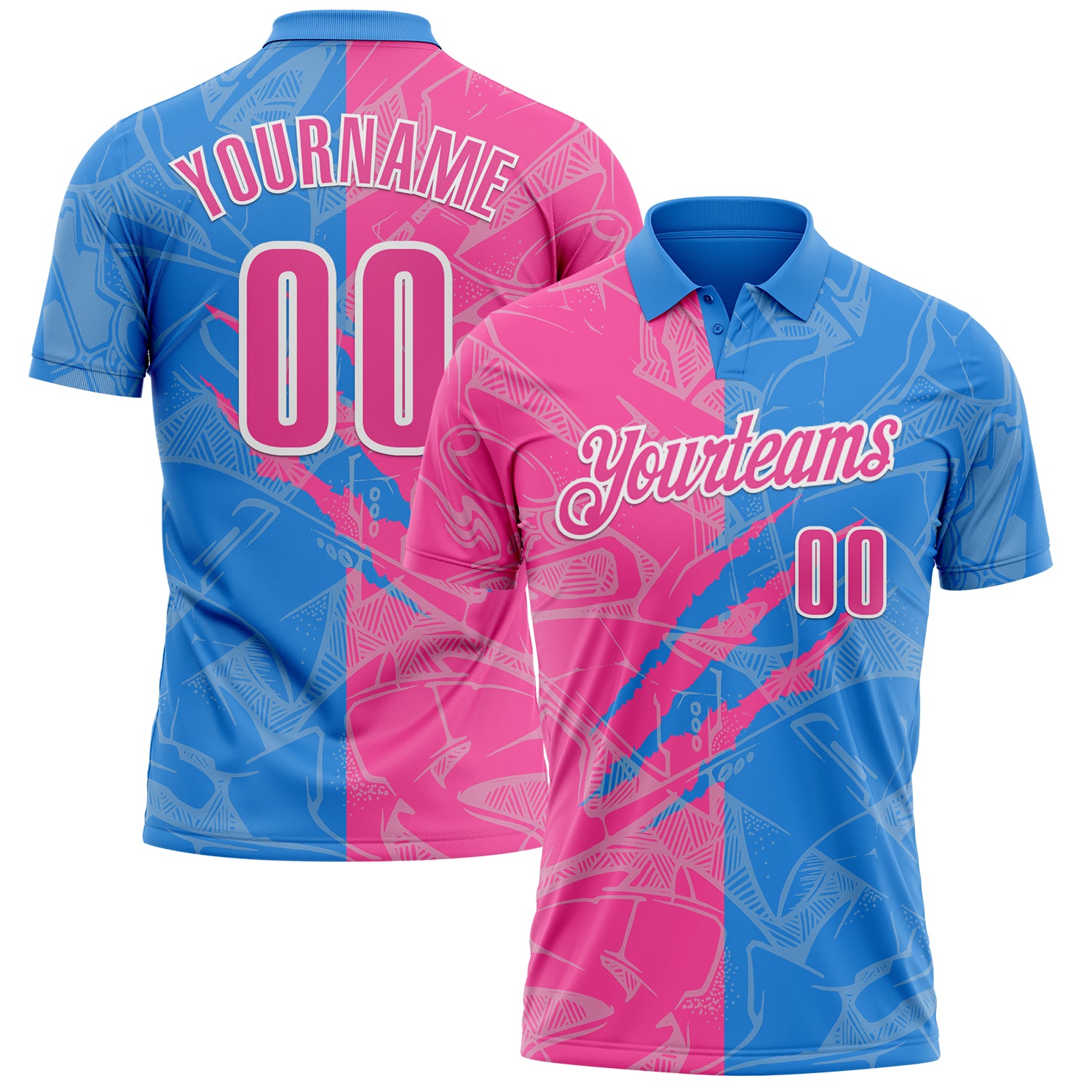 Custom Graffiti Pattern Pink Powder Blue-White 3D Scratch Performance Polo Shirt
