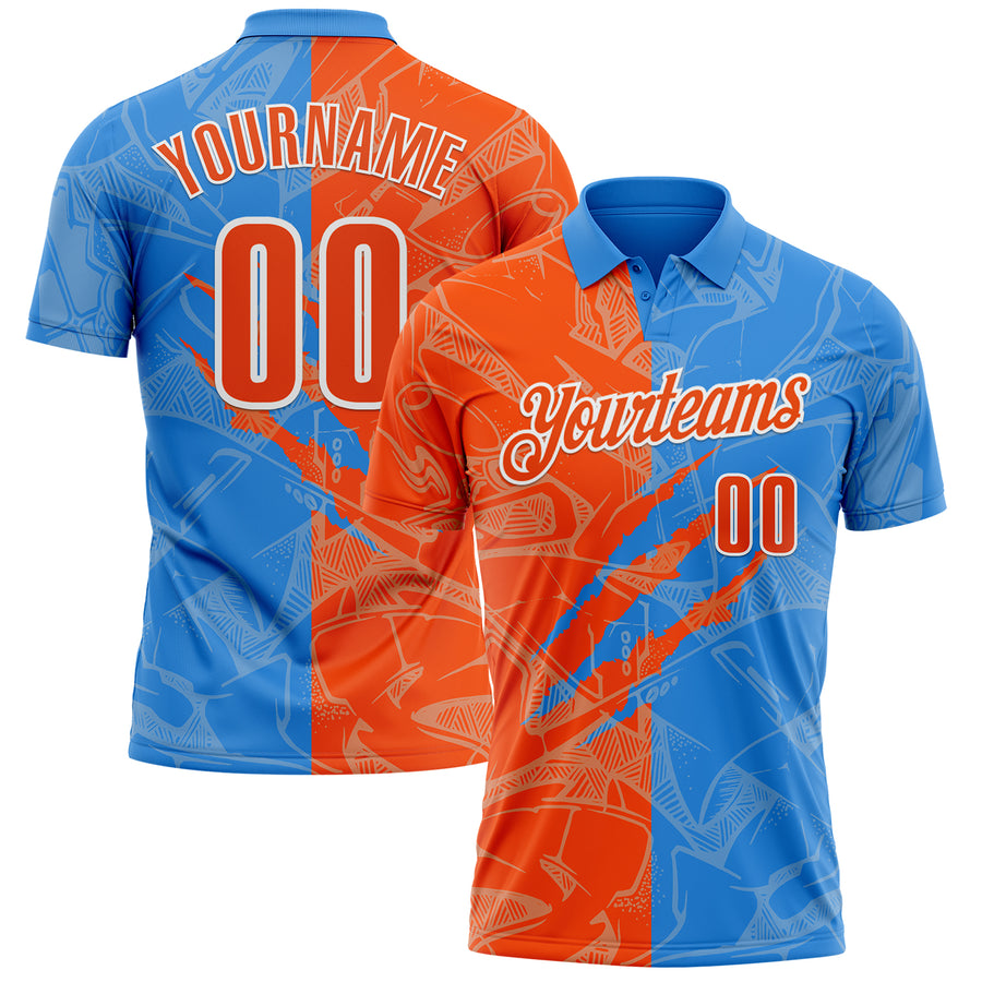Custom Graffiti Pattern Orange Powder Blue-White 3D Scratch Performance Polo Shirt