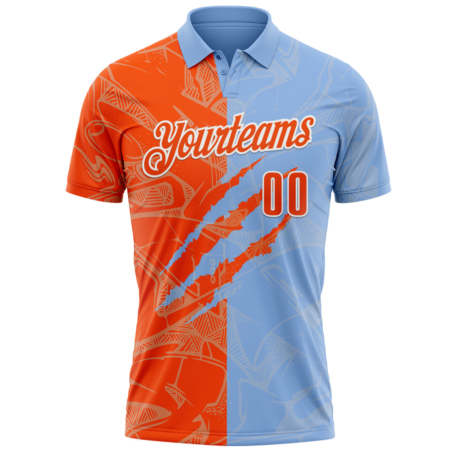 Custom Graffiti Pattern Orange Light Blue-White 3D Scratch Performance Polo Shirt