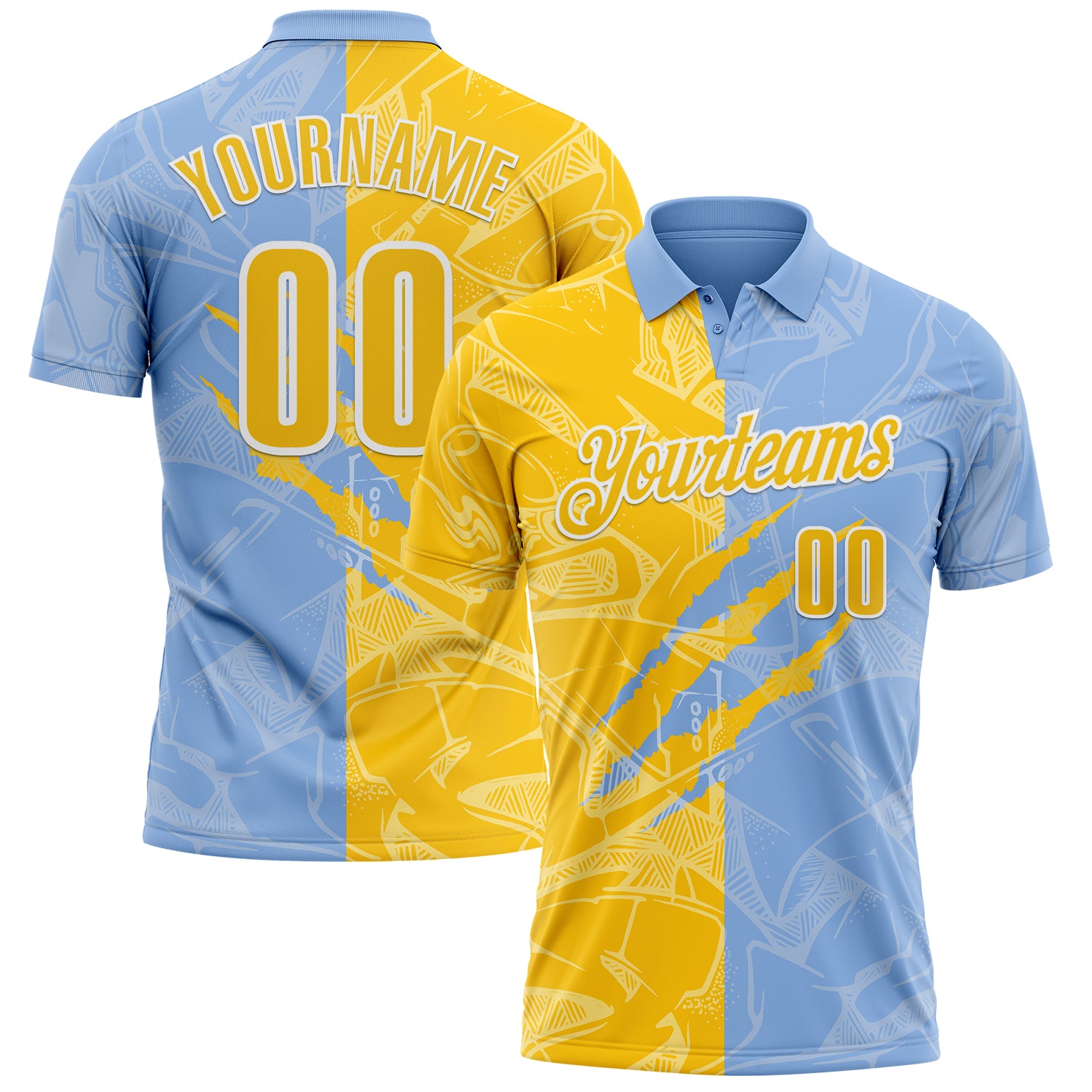 Custom Graffiti Pattern Yellow Light Blue-White 3D Scratch Performance Polo Shirt