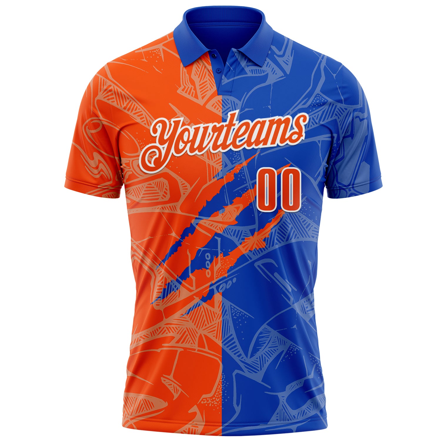 Custom Graffiti Pattern Orange Thunder Blue-White 3D Scratch Performance Polo Shirt