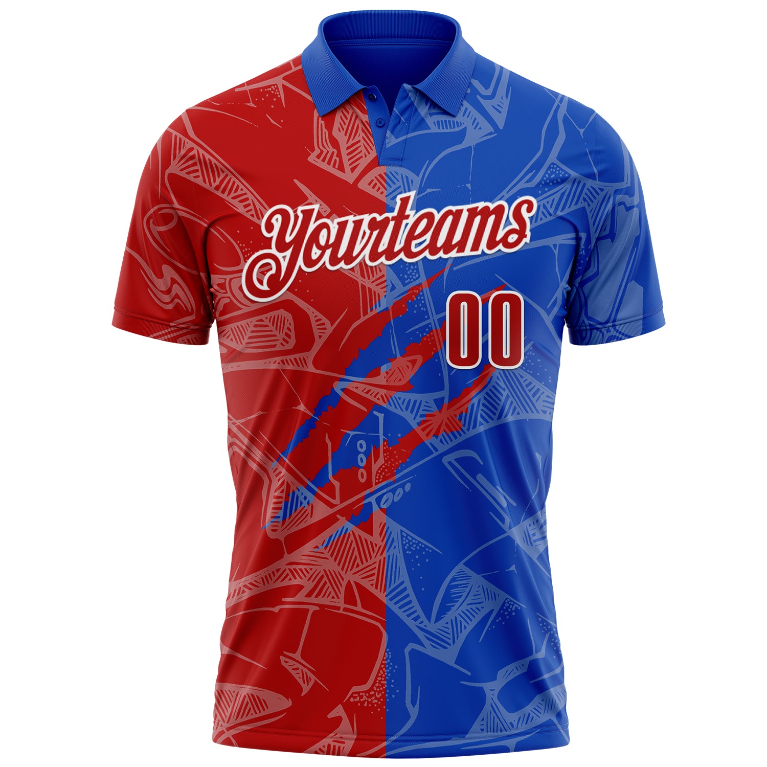Custom Graffiti Pattern Red Thunder Blue-White 3D Scratch Performance Polo Shirt