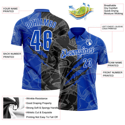 Custom Graffiti Pattern Thunder Blue Black-White 3D Scratch Performance Polo Shirt
