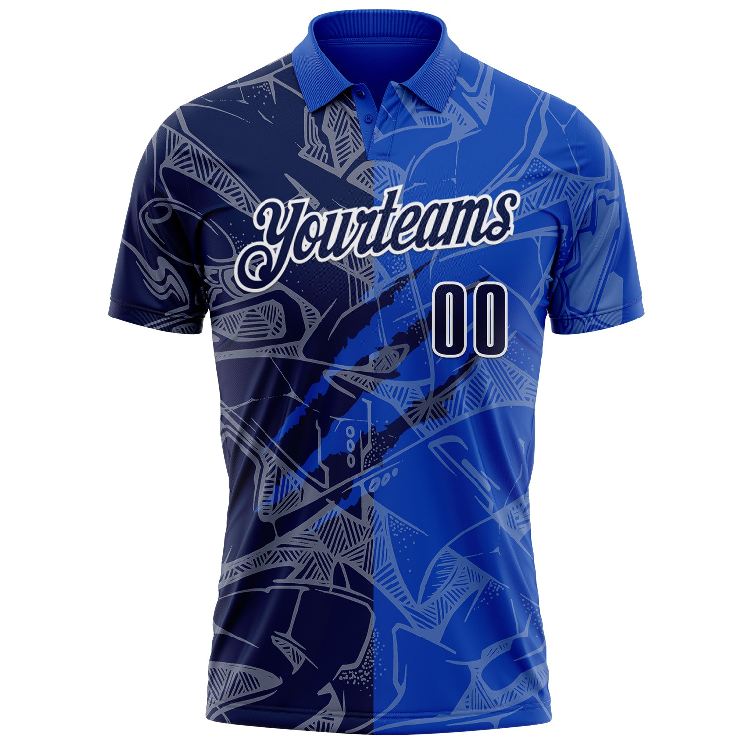 Custom Graffiti Pattern Navy Thunder Blue-White 3D Scratch Performance Polo Shirt