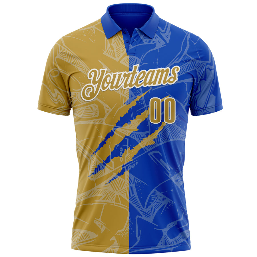 Custom Graffiti Pattern Old Gold Thunder Blue-White 3D Scratch Performance Polo Shirt