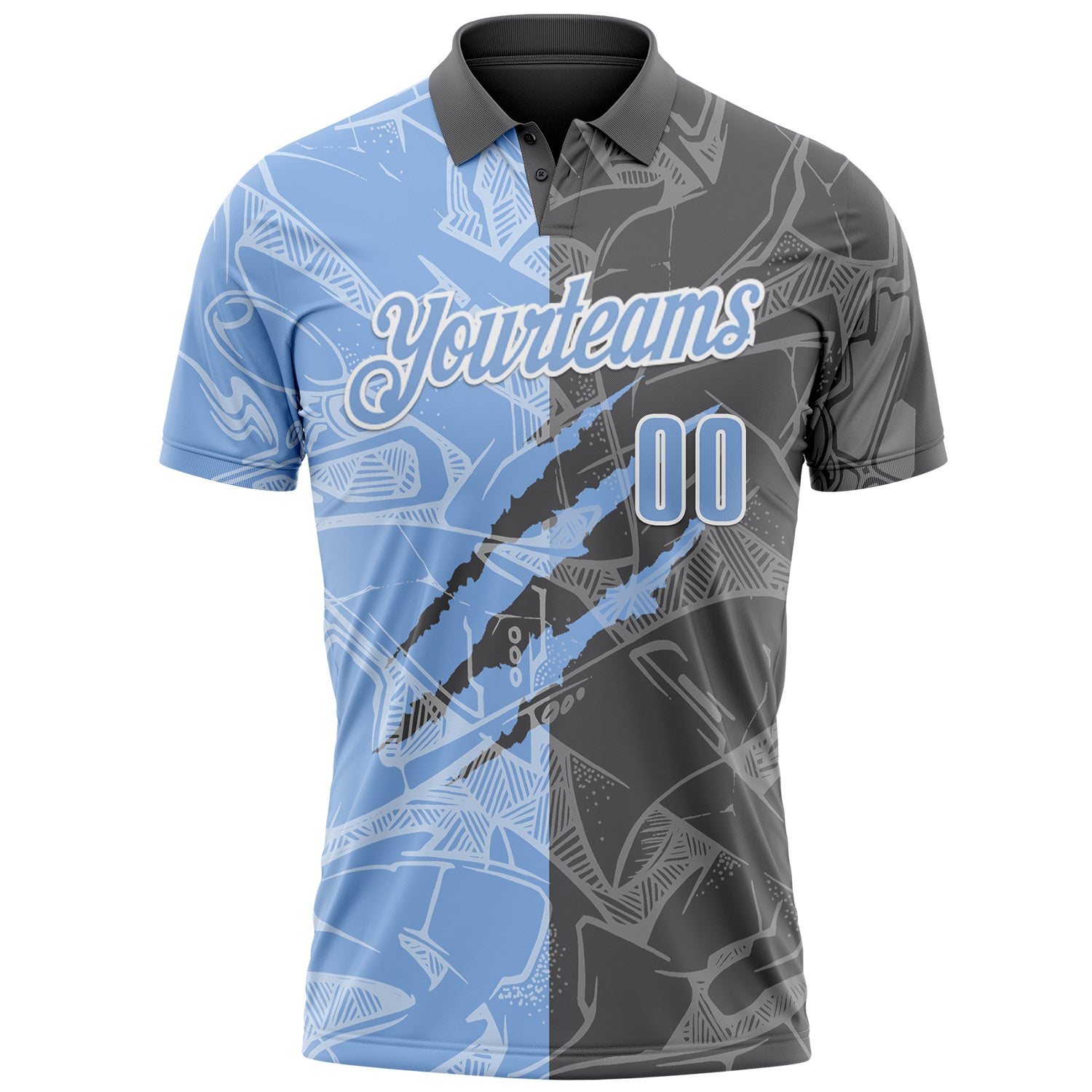 Custom Graffiti Pattern Light Blue Steel Gray-White 3D Scratch Performance Polo Shirt
