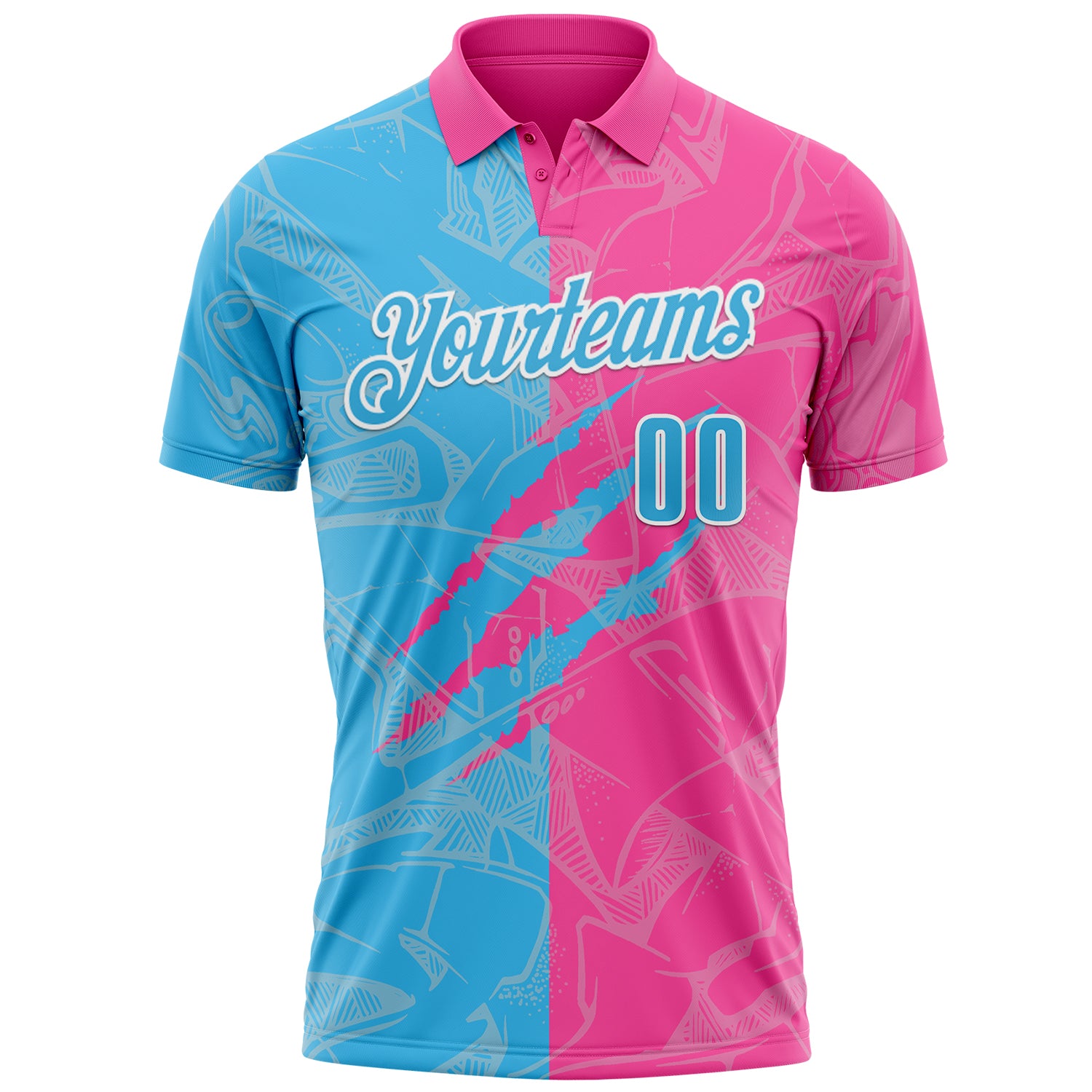 Custom Graffiti Pattern Sky Blue Pink-White 3D Scratch Performance Polo Shirt