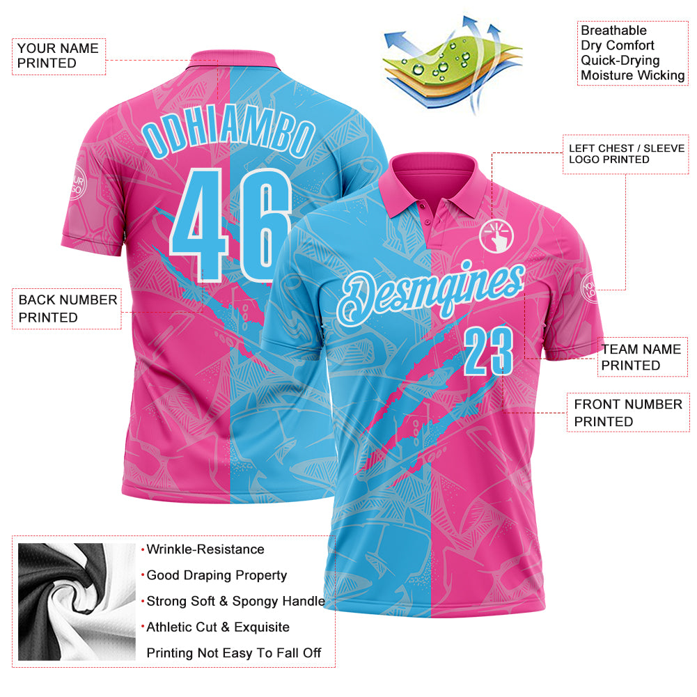 Custom Graffiti Pattern Sky Blue Pink-White 3D Scratch Performance Polo Shirt
