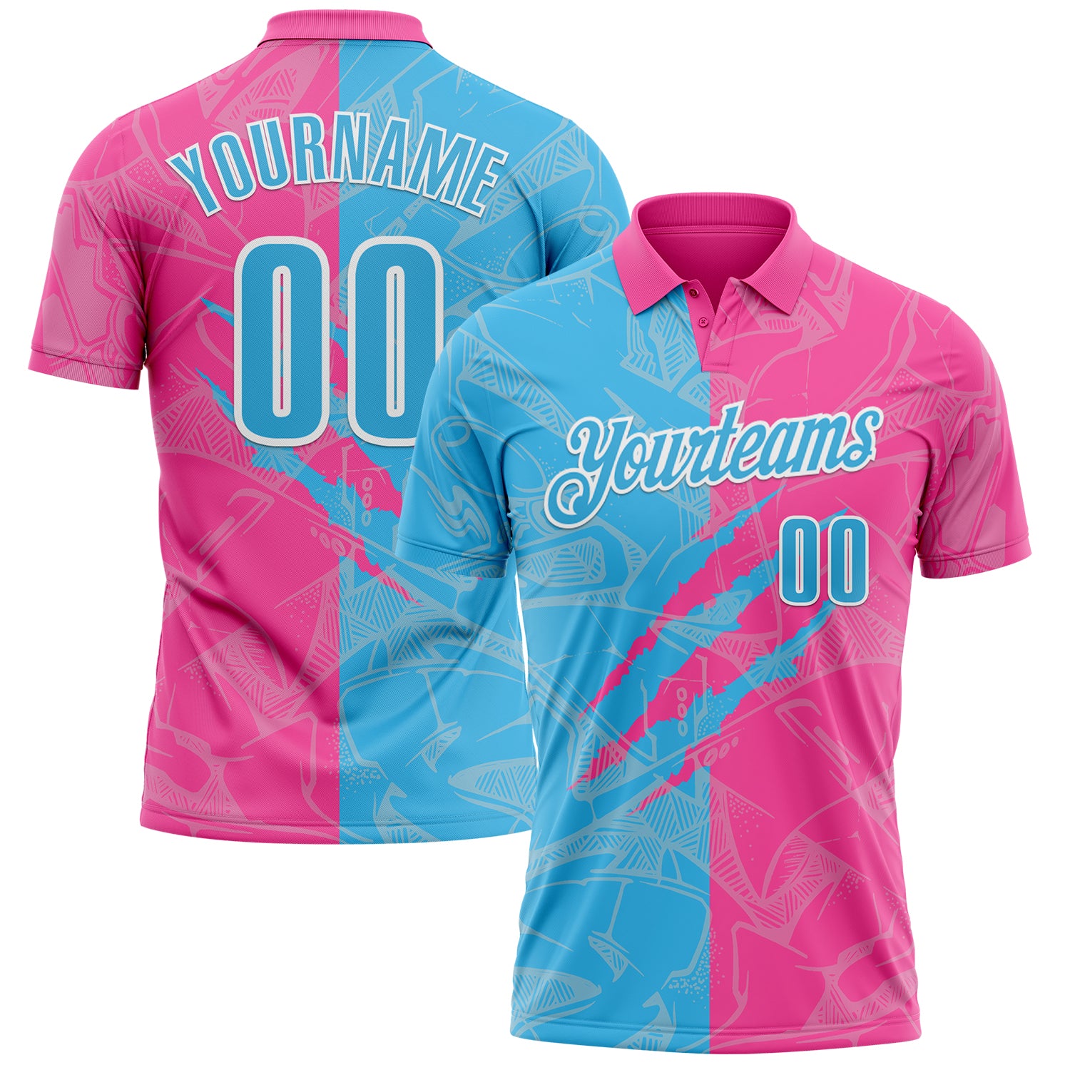 Custom Graffiti Pattern Sky Blue Pink-White 3D Scratch Performance Polo Shirt