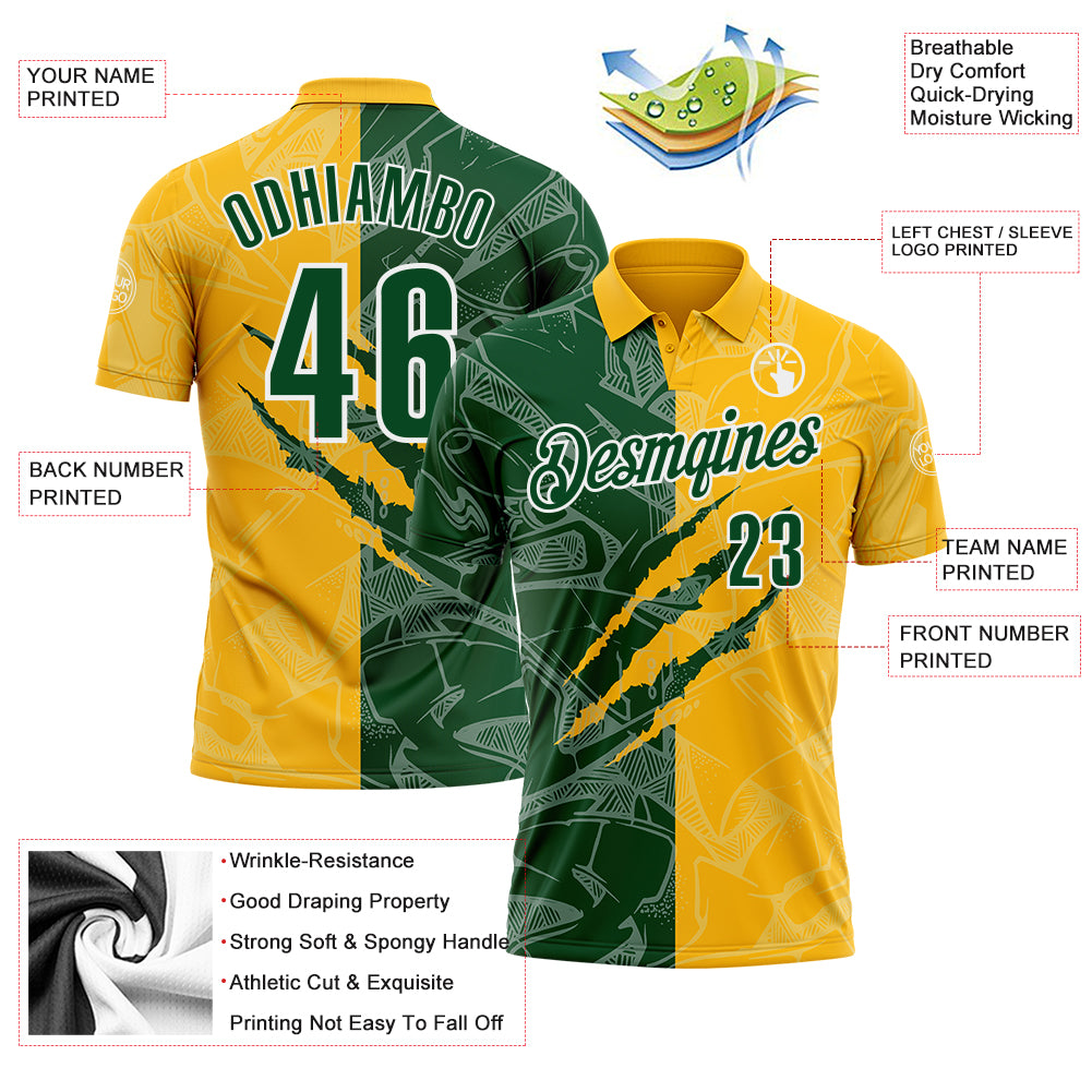 Custom Graffiti Pattern Green Gold-White 3D Scratch Performance Polo Shirt