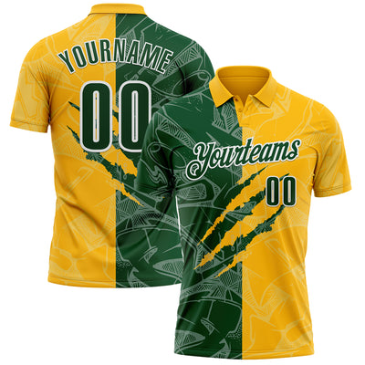 Custom Graffiti Pattern Green Gold-White 3D Scratch Performance Polo Shirt