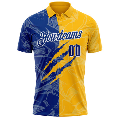 Custom Graffiti Pattern Royal Gold-White 3D Scratch Performance Polo Shirt