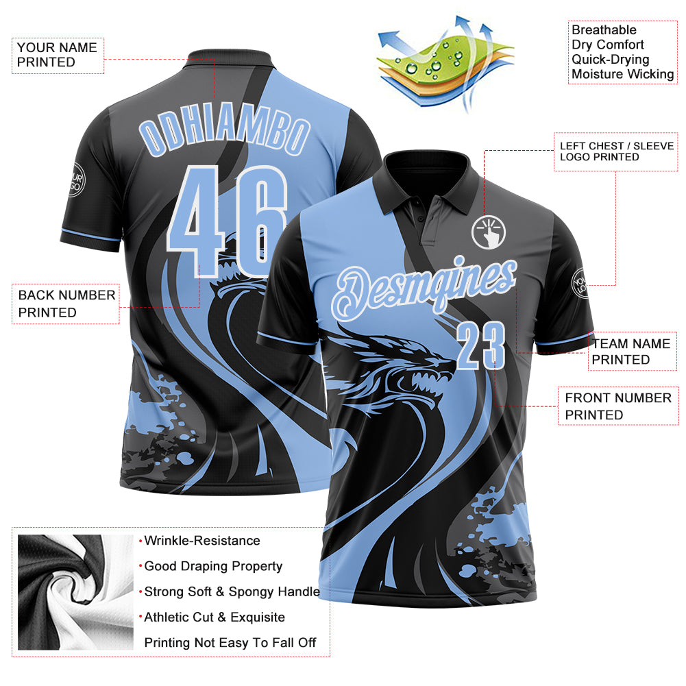Custom Black Light Blue Steel Gray-White 3D Pattern Design Animal Wolf And Splash Performance Polo Shirt