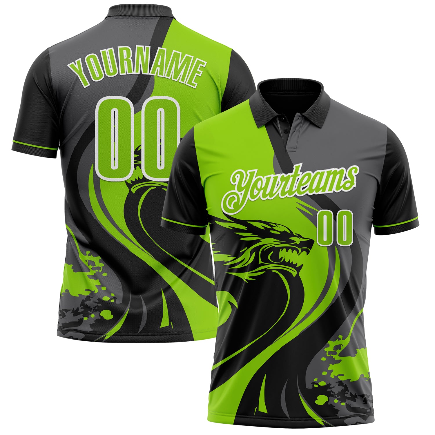 Custom Black Neon Green Steel Gray-White 3D Pattern Design Animal Wolf And Splash Performance Polo Shirt