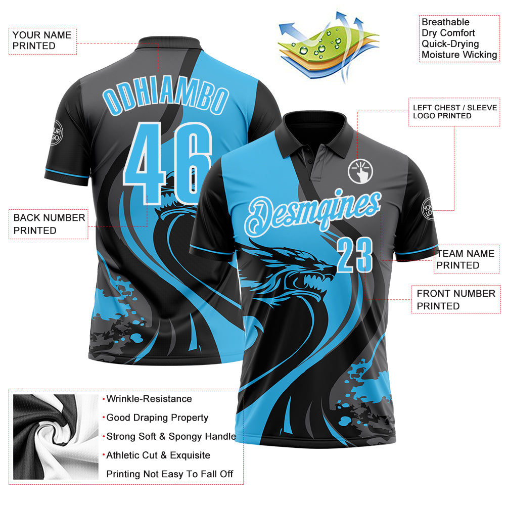 Custom Black Sky Blue Steel Gray-White 3D Pattern Design Animal Wolf And Splash Performance Polo Shirt