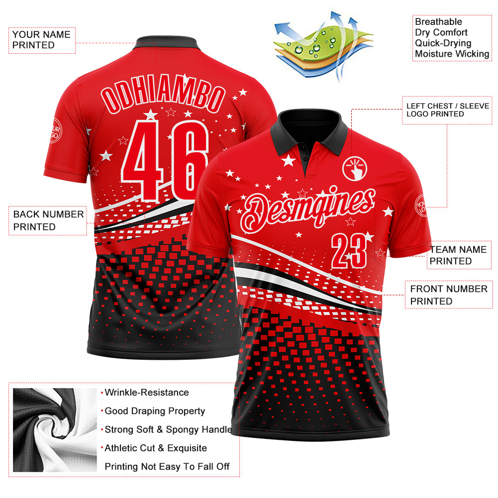 Custom Fire Red Black-White 3D Pattern Design Star And Geometric Shapes Performance Polo Shirt