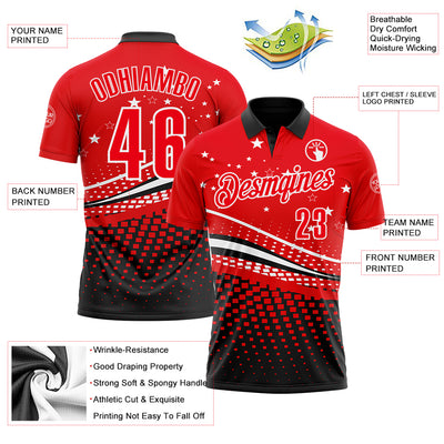 Custom Fire Red Black-White 3D Pattern Design Star And Geometric Shapes Performance Polo Shirt