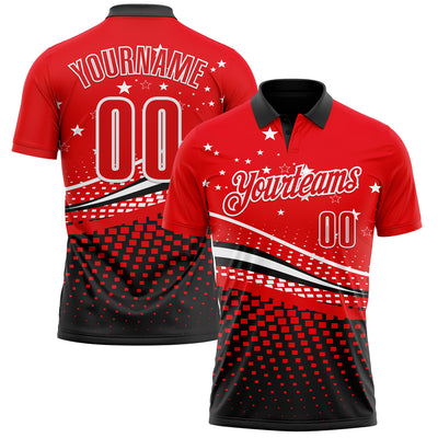Custom Fire Red Black-White 3D Pattern Design Star And Geometric Shapes Performance Polo Shirt