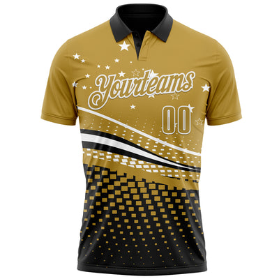 Custom Old Gold Black-White 3D Pattern Design Star And Geometric Shapes Performance Polo Shirt