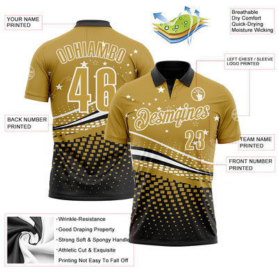 Custom Old Gold Black-White 3D Pattern Design Star And Geometric Shapes Performance Polo Shirt