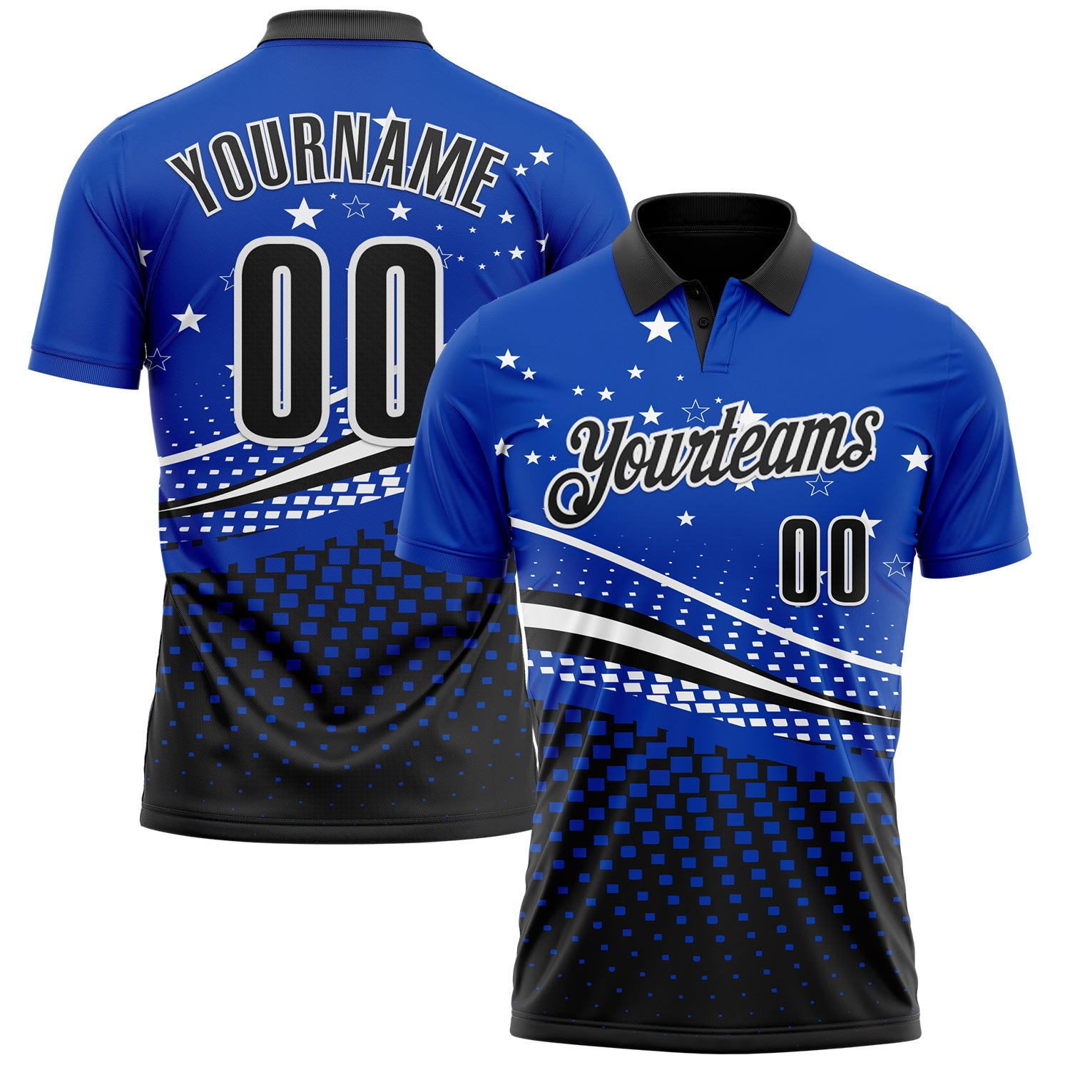 Custom Thunder Blue Black-White 3D Pattern Design Star And Geometric Shapes Performance Polo Shirt