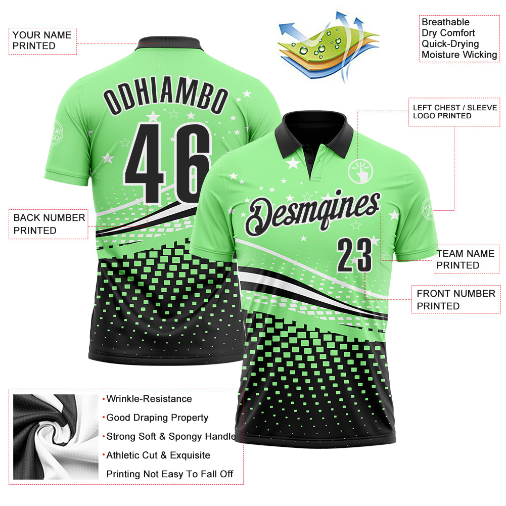 Custom Pea Green Black-White 3D Pattern Design Star And Geometric Shapes Performance Polo Shirt