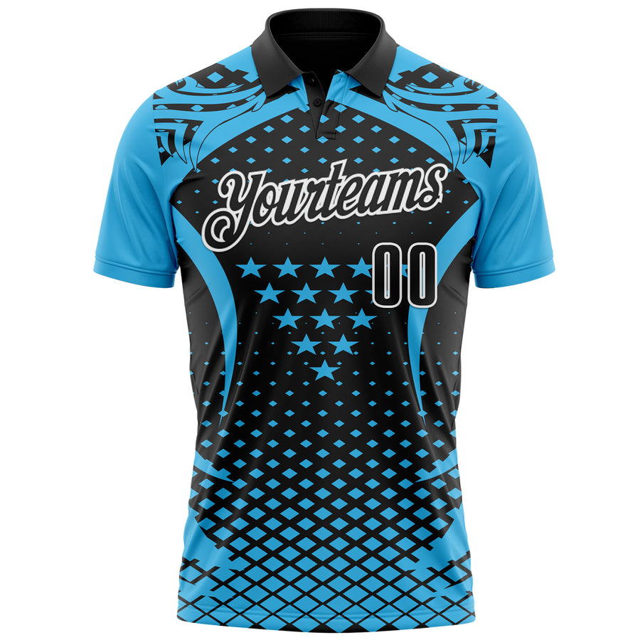 Custom Sky Blue Black-White 3D Pattern Design Star And Geometric Shapes Performance Polo Shirt