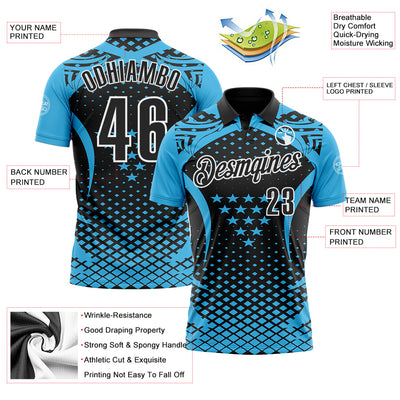 Custom Sky Blue Black-White 3D Pattern Design Star And Geometric Shapes Performance Polo Shirt