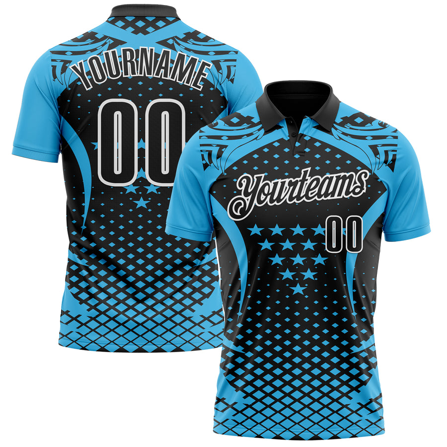 Custom Sky Blue Black-White 3D Pattern Design Star And Geometric Shapes Performance Polo Shirt