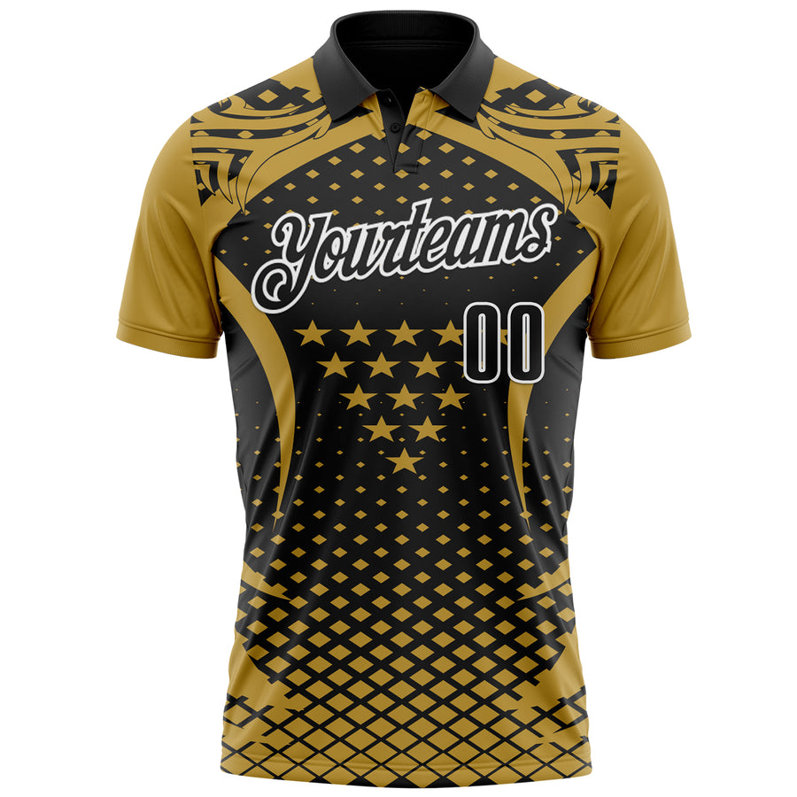 Custom Old Gold Black-White 3D Pattern Design Star And Geometric Shapes Performance Polo Shirt