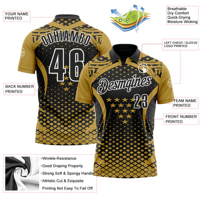 Custom Old Gold Black-White 3D Pattern Design Star And Geometric Shapes Performance Polo Shirt