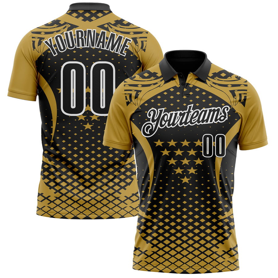 Custom Old Gold Black-White 3D Pattern Design Star And Geometric Shapes Performance Polo Shirt