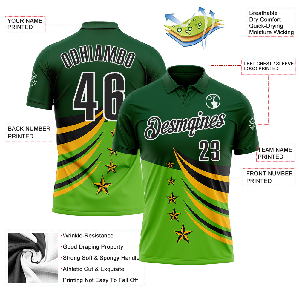 Custom Green Black Gold-White 3D Pattern Design Star Performance Polo Shirt