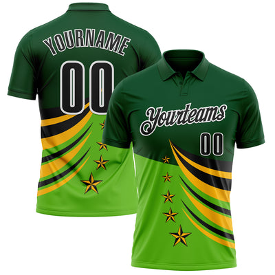 Custom Green Black Gold-White 3D Pattern Design Star Performance Polo Shirt