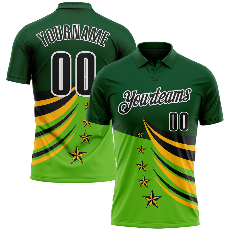 Custom Green Black Gold-White 3D Pattern Design Star Performance Polo Shirt