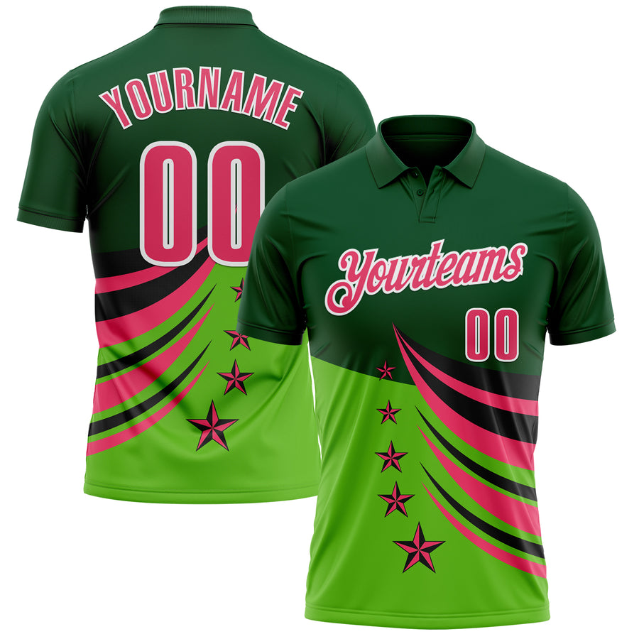 Custom Green Neon Pink Black-White 3D Pattern Design Star Performance Polo Shirt