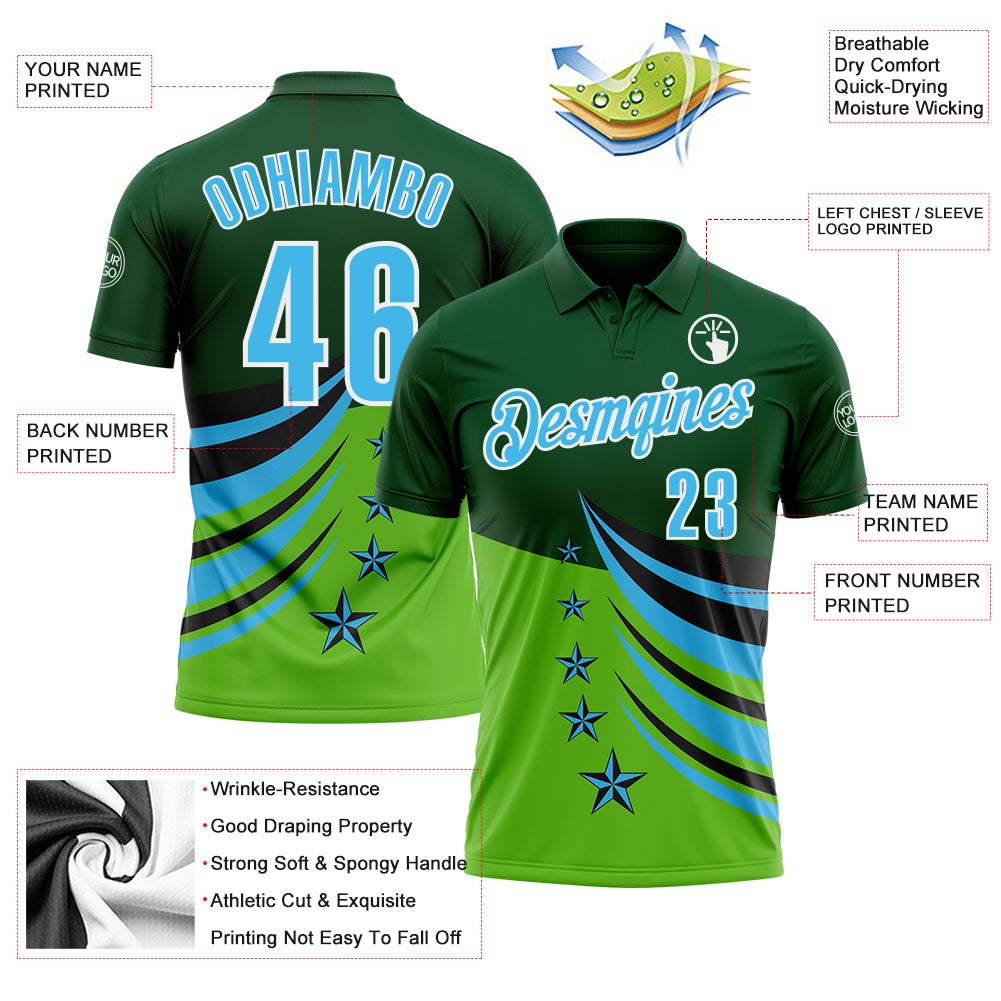 Custom Green Sky Blue Black-White 3D Pattern Design Star Performance Polo Shirt