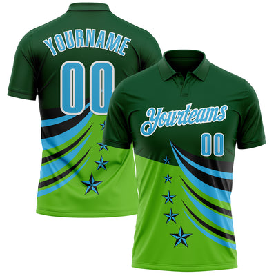 Custom Green Sky Blue Black-White 3D Pattern Design Star Performance Polo Shirt