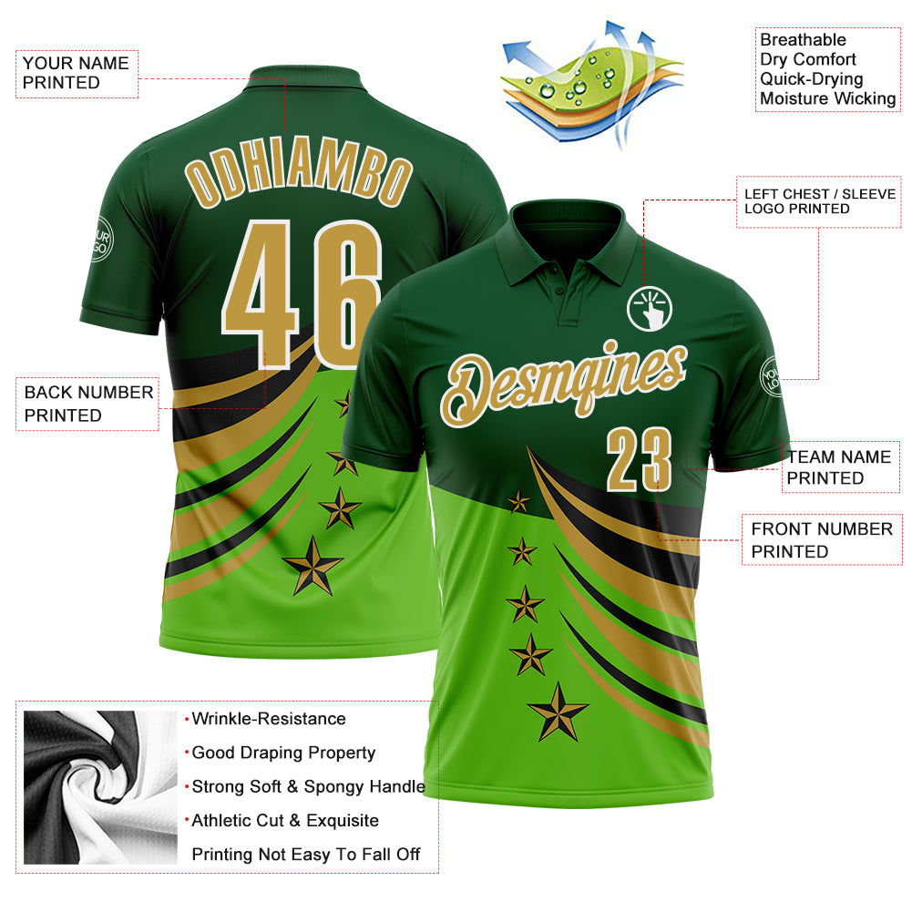 Custom Green Old Gold Black-White 3D Pattern Design Star Performance Polo Shirt