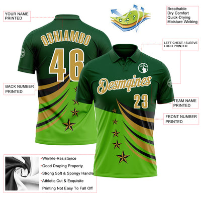 Custom Green Old Gold Black-White 3D Pattern Design Star Performance Polo Shirt