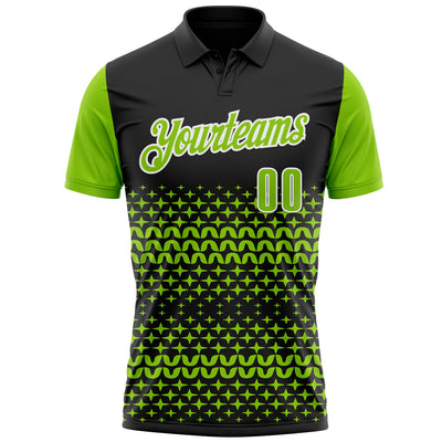 Custom Black Neon Green-White 3D Pattern Design Star Performance Polo Shirt